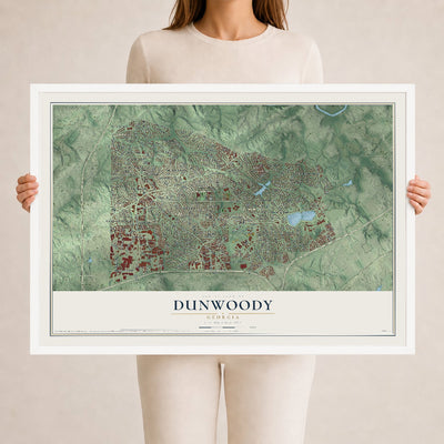 Dunwoody, Georgia map print, 24" x 36" W/ White Ayous Wood Frame mockup