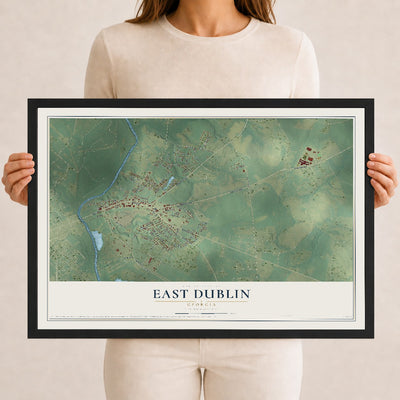East Dublin, Georgia map print, 12" x 18" W/ Black Ayous Wood Frame mockup