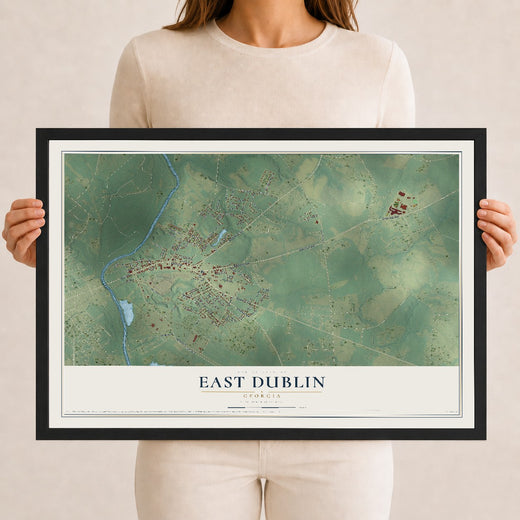 Map of East Dublin, Georgia, 12 x 18 inch print in a black wood frame