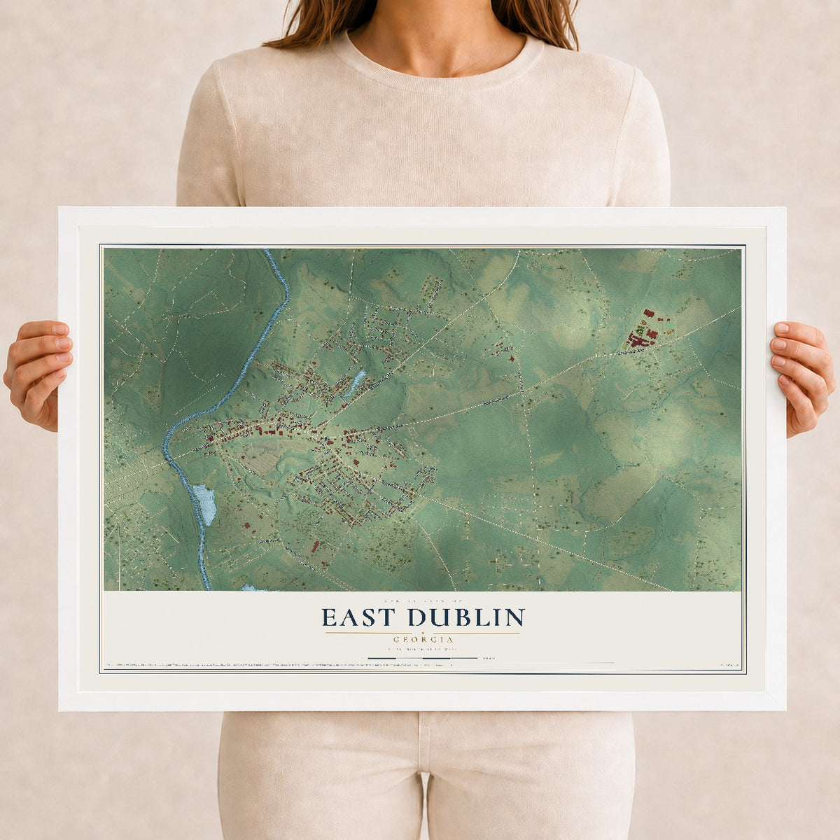 East Dublin, Georgia map print, 12" x 18" W/ White Ayous Wood Frame mockup