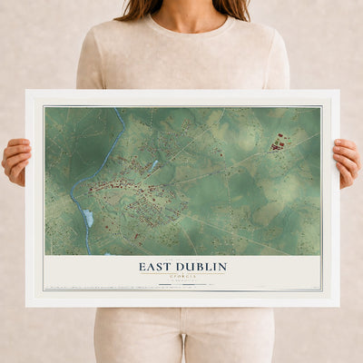 East Dublin, Georgia map print, 12" x 18" W/ White Ayous Wood Frame mockup