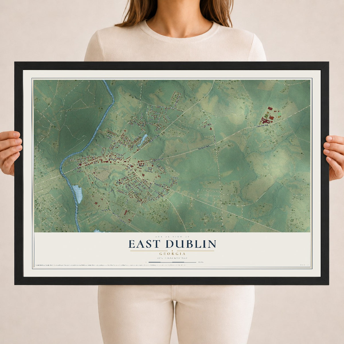 East Dublin, Georgia map print, 18" x 24" W/ Black Ayous Wood Frame mockup