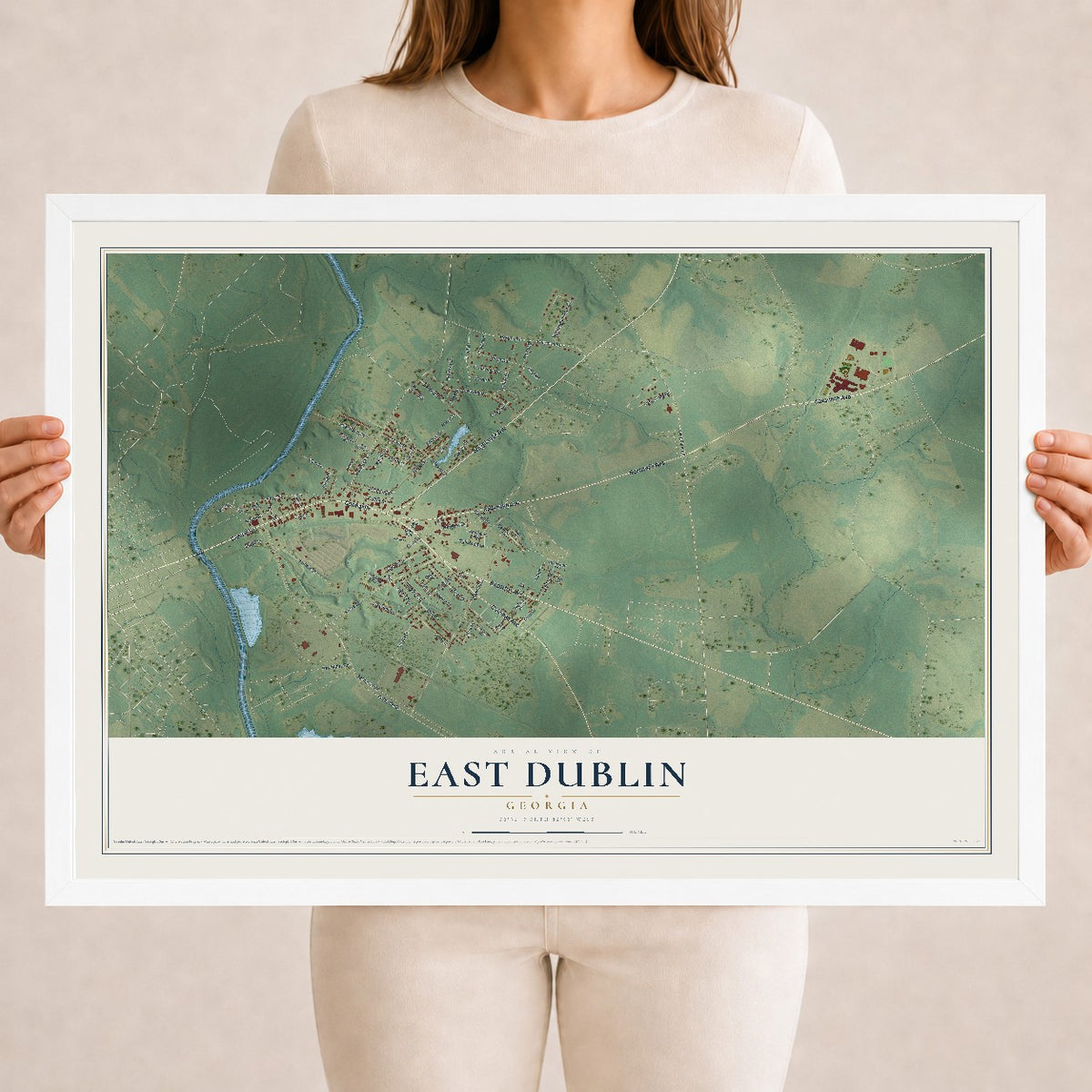 East Dublin, Georgia map print, 18" x 24" W/ White Ayous Wood Frame mockup