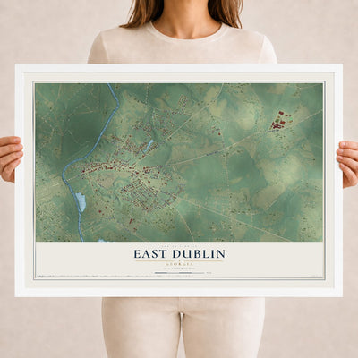 East Dublin, Georgia map print, 18" x 24" W/ White Ayous Wood Frame mockup