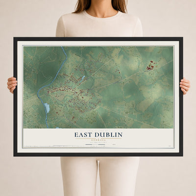 East Dublin, Georgia map print, 24" x 36" W/ Black Ayous Wood Frame mockup