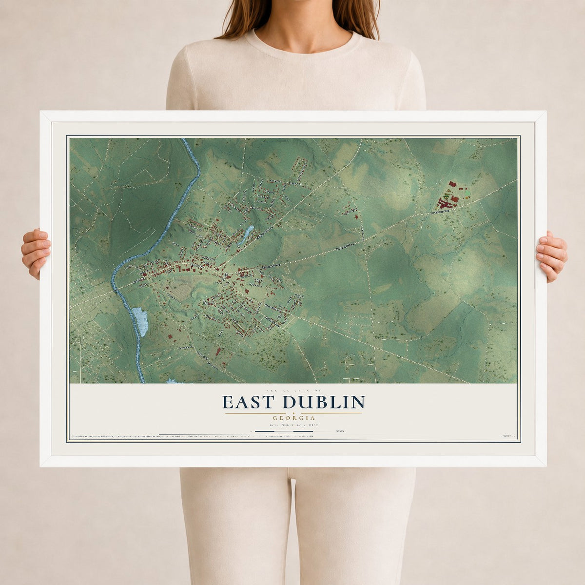 East Dublin, Georgia map print, 24" x 36" W/ White Ayous Wood Frame mockup