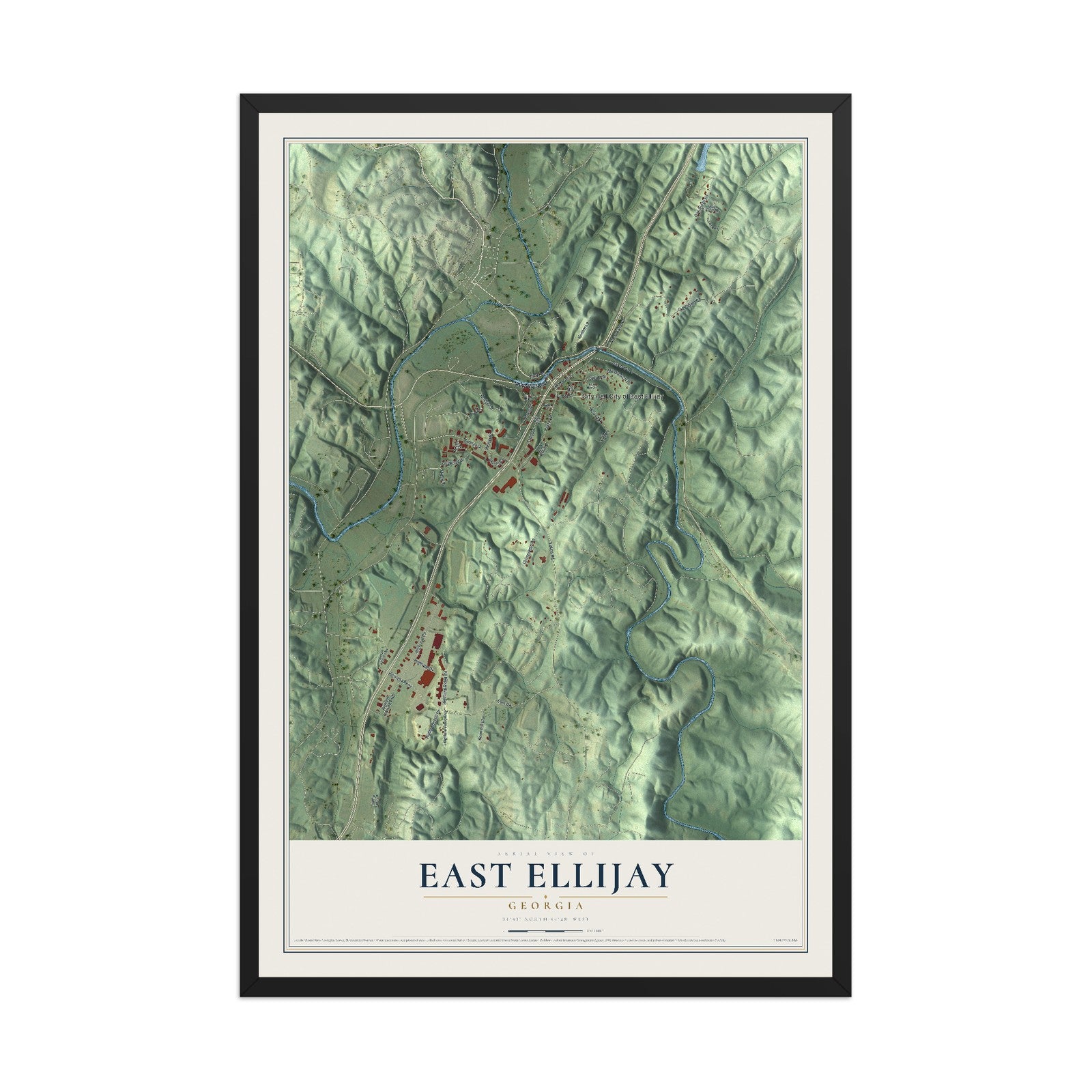 East Ellijay, Georgia map print, 12" x 18" W/ Black Ayous Wood Frame mockup