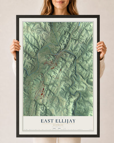 East Ellijay, Georgia map print, 24" x 36" W/ Black Ayous Wood Frame mockup
