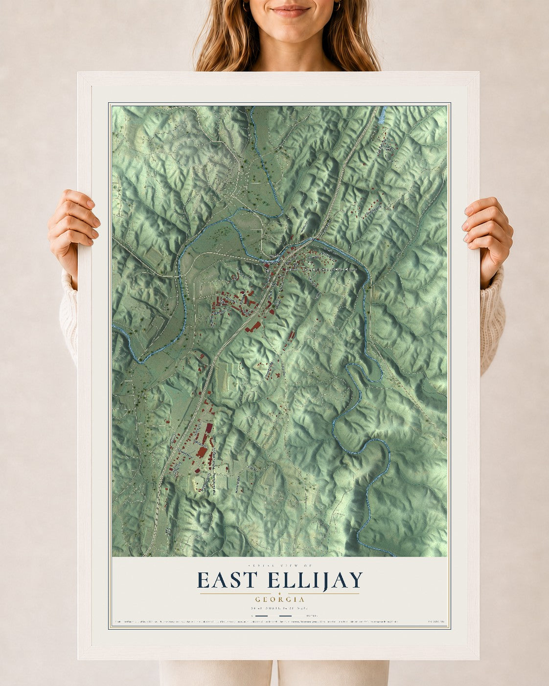 East Ellijay, Georgia map print, 24" x 36" W/ White Ayous Wood Frame mockup