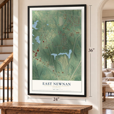 East Newnan, Georgia map, 24 x 36 inch print in a black frame by a staircase