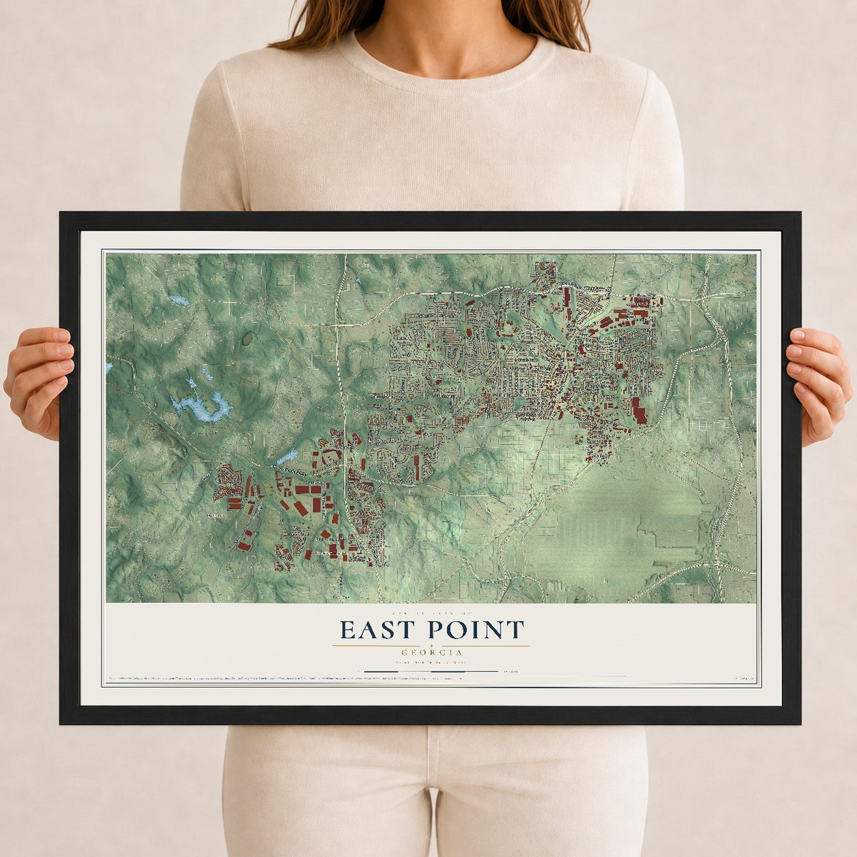 East Point, Georgia map print, 12" x 18" W/ Black Ayous Wood Frame mockup