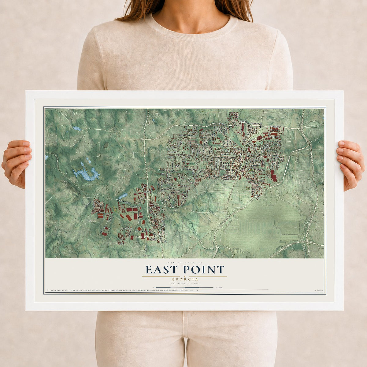 East Point, Georgia map print, 12" x 18" W/ White Ayous Wood Frame mockup