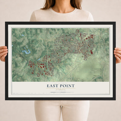 East Point, Georgia map print, 18" x 24" W/ Black Ayous Wood Frame mockup
