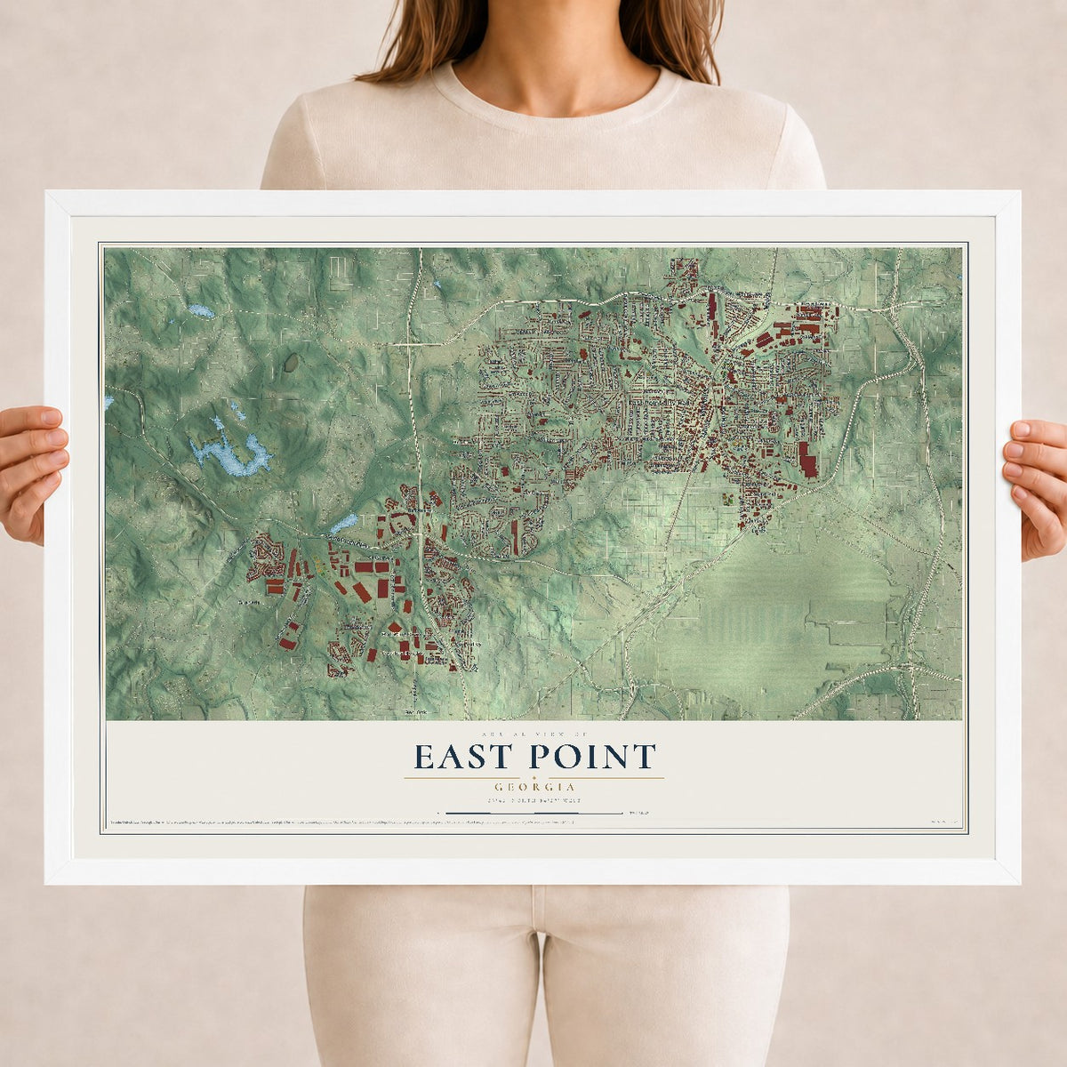 East Point, Georgia map print, 18" x 24" W/ White Ayous Wood Frame mockup
