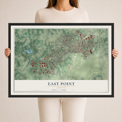 East Point, Georgia map print, 24" x 36" W/ Black Ayous Wood Frame mockup