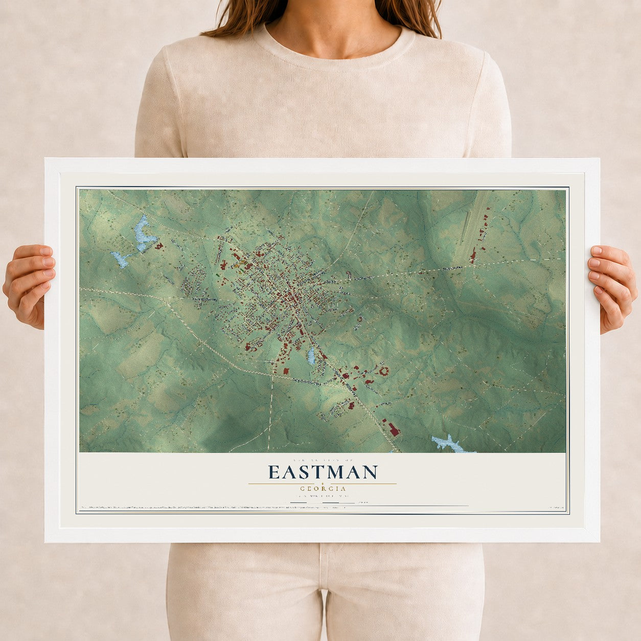 Eastman, Georgia map print, 12" x 18" W/ White Ayous Wood Frame mockup