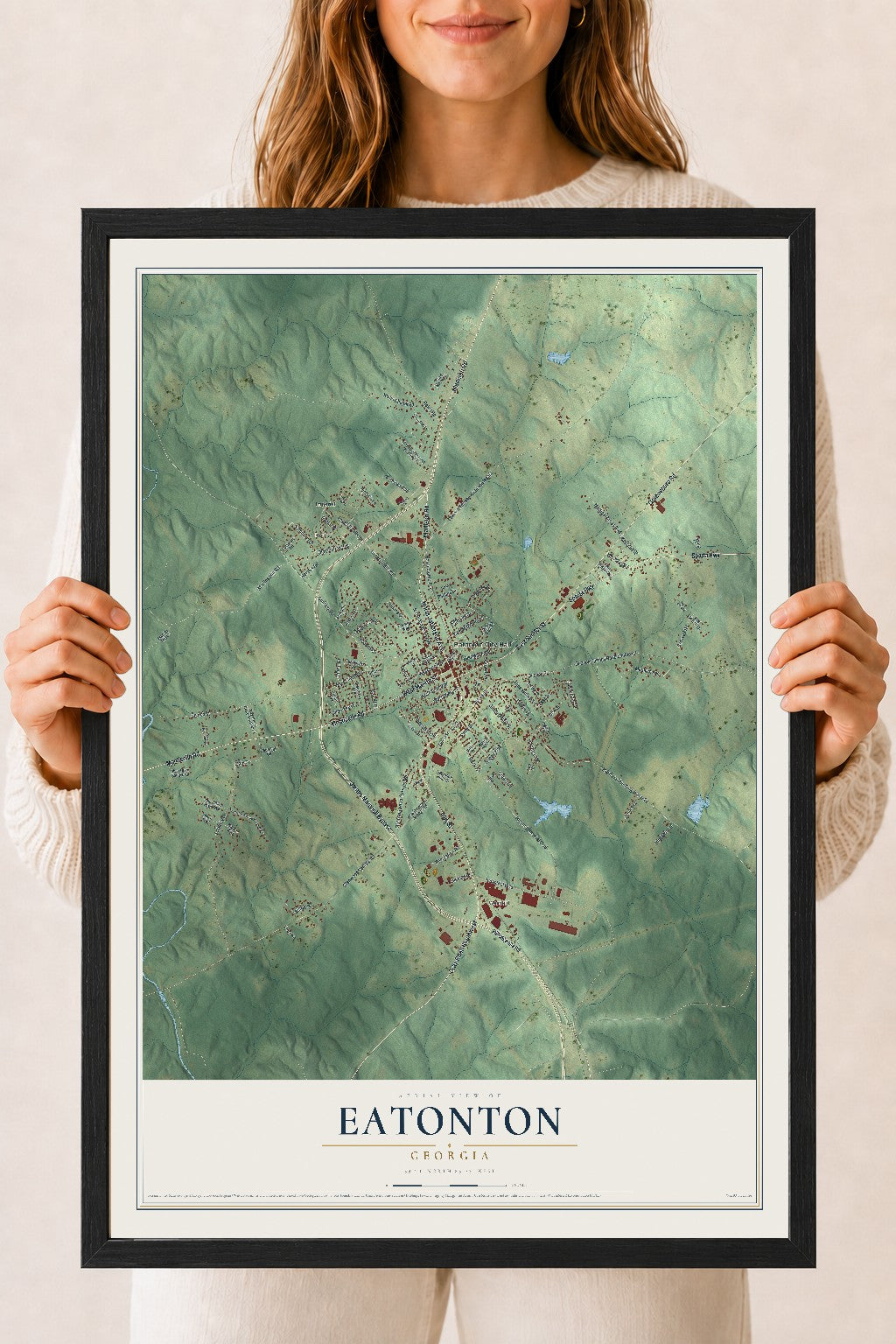Eatonton, Georgia map print, 18" x 24" W/ Black Ayous Wood Frame mockup