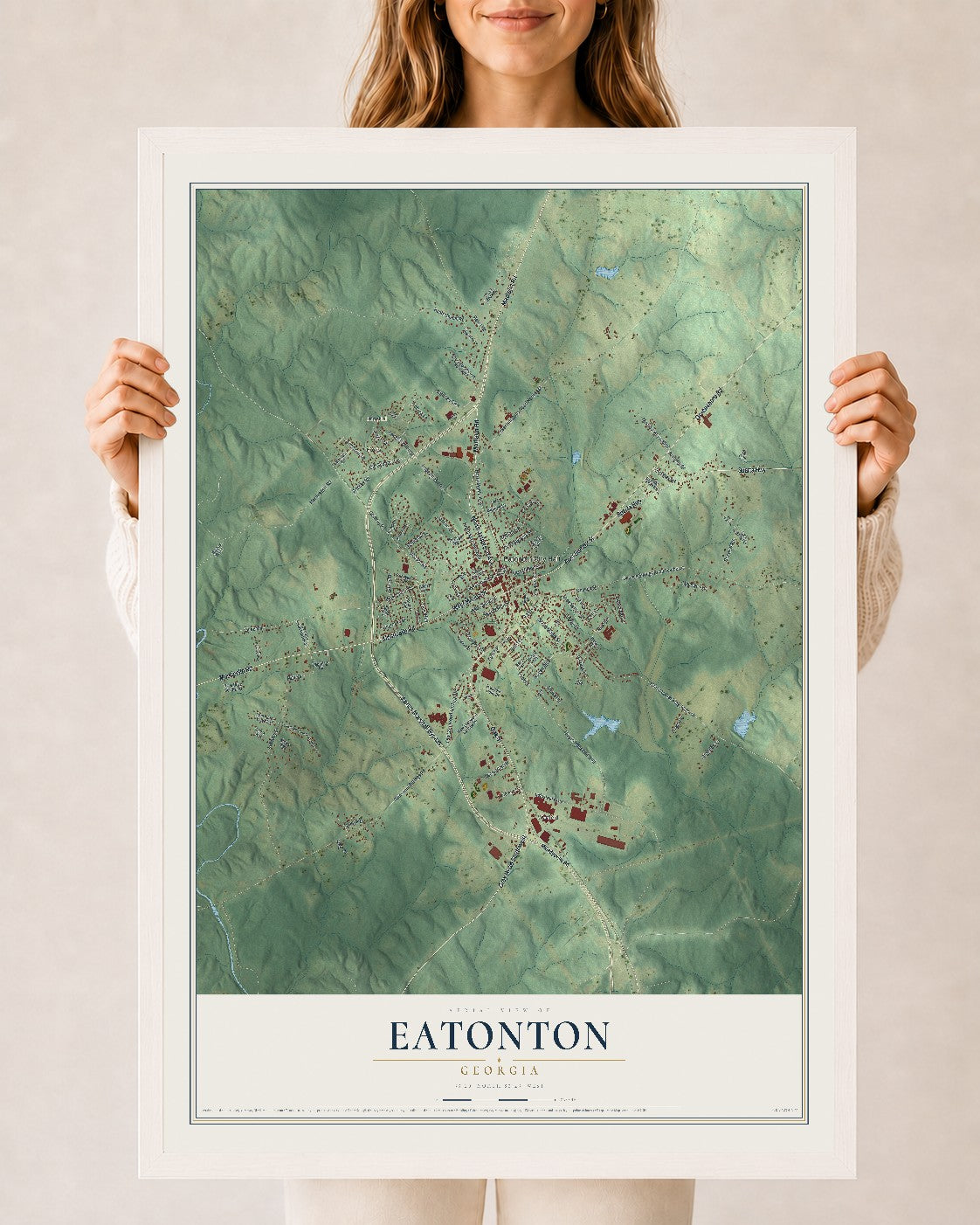 Eatonton, Georgia map print, 24" x 36" W/ White Ayous Wood Frame mockup