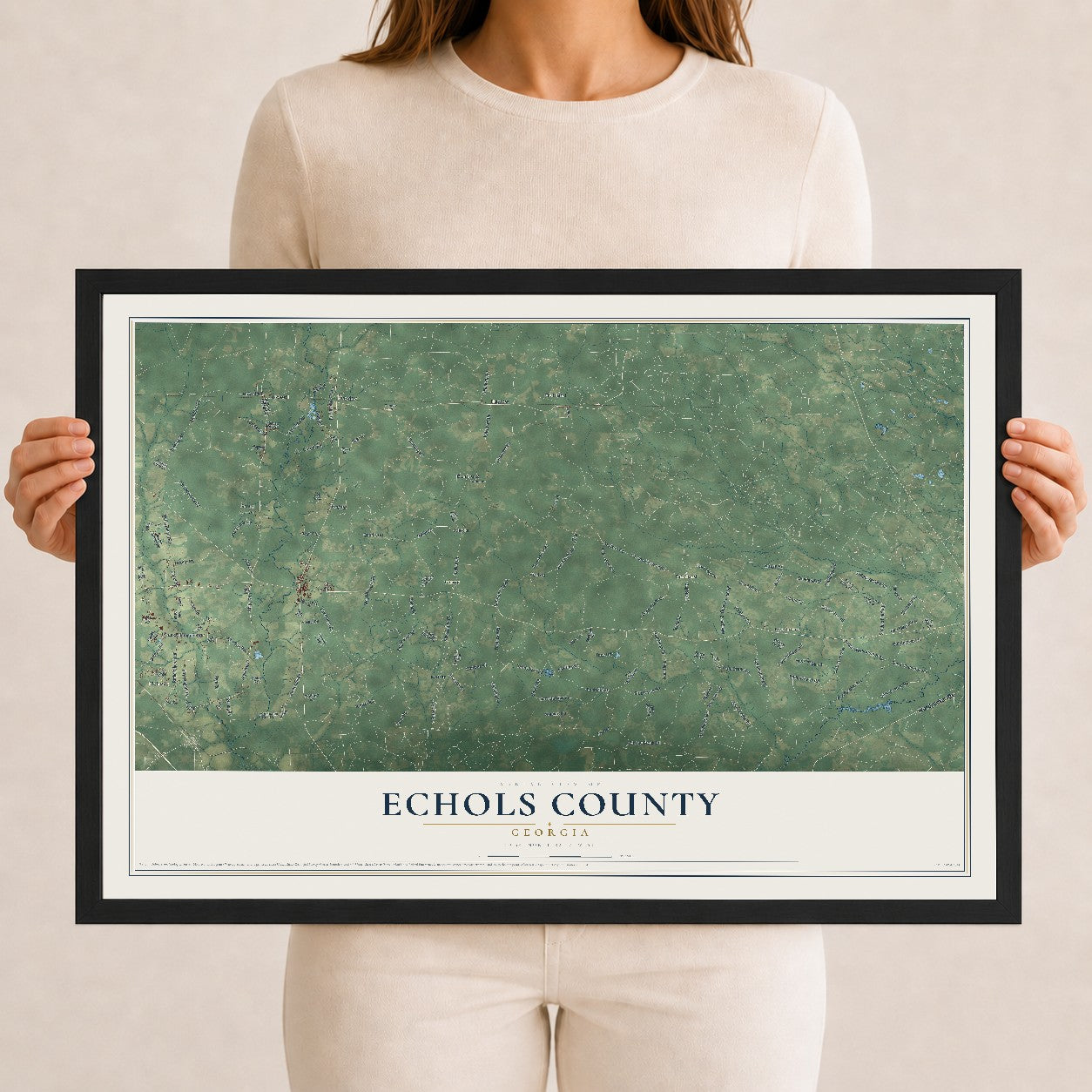 Echols County, Georgia map print, 12" x 18" W/ Black Ayous Wood Frame mockup