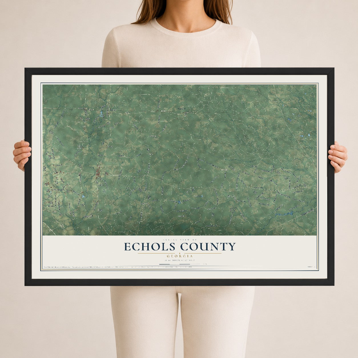 Echols County, Georgia map print, 24" x 36" W/ Black Ayous Wood Frame mockup