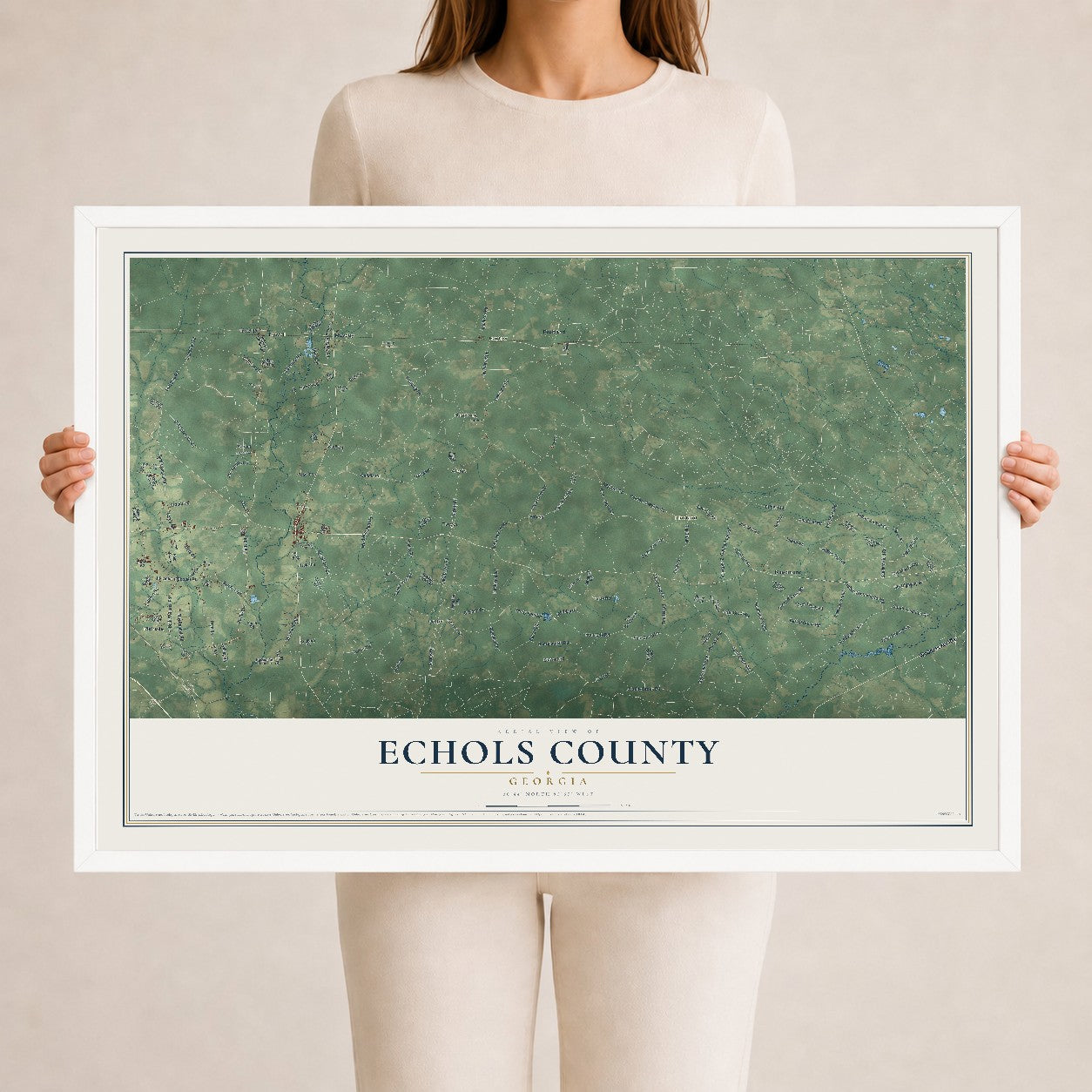 Echols County, Georgia map print, 24" x 36" W/ White Ayous Wood Frame mockup