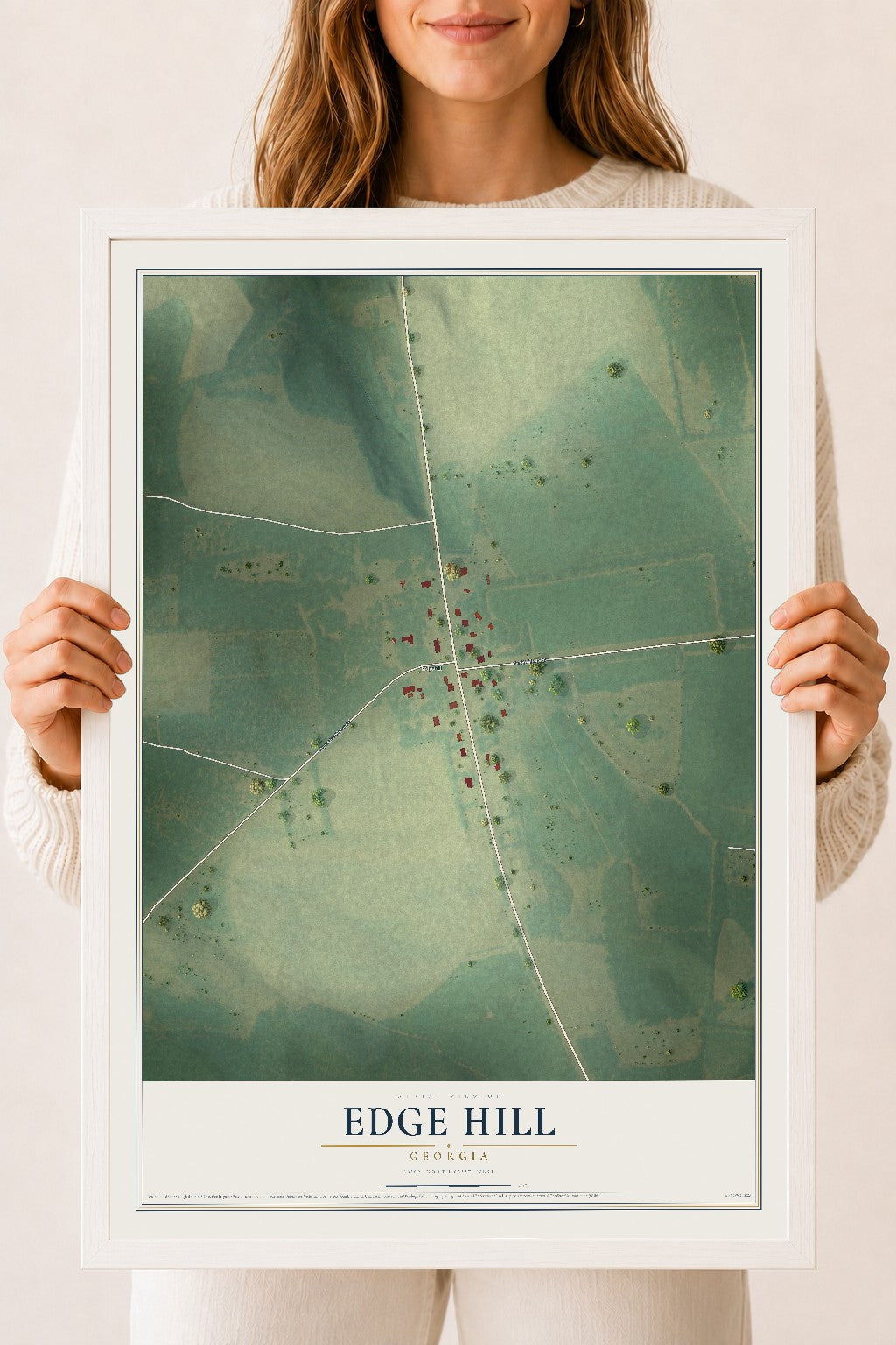 Edge Hill, Georgia map print, 18" x 24" W/ White Ayous Wood Frame mockup