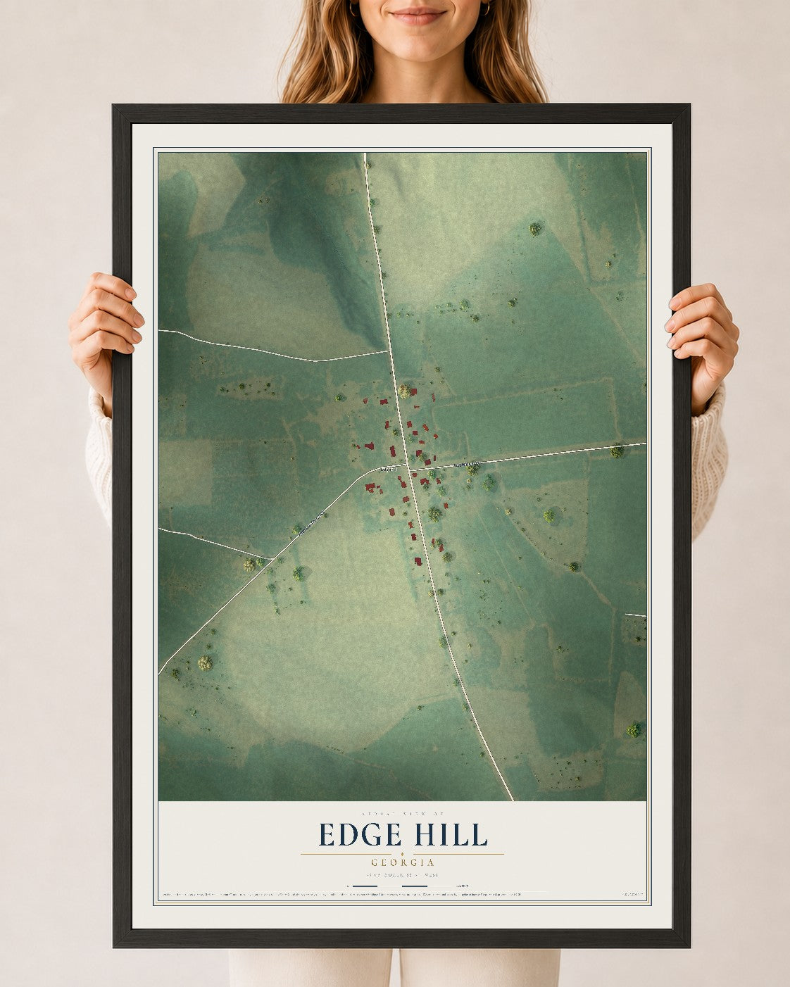 Edge Hill, Georgia map print, 24" x 36" W/ Black Ayous Wood Frame mockup