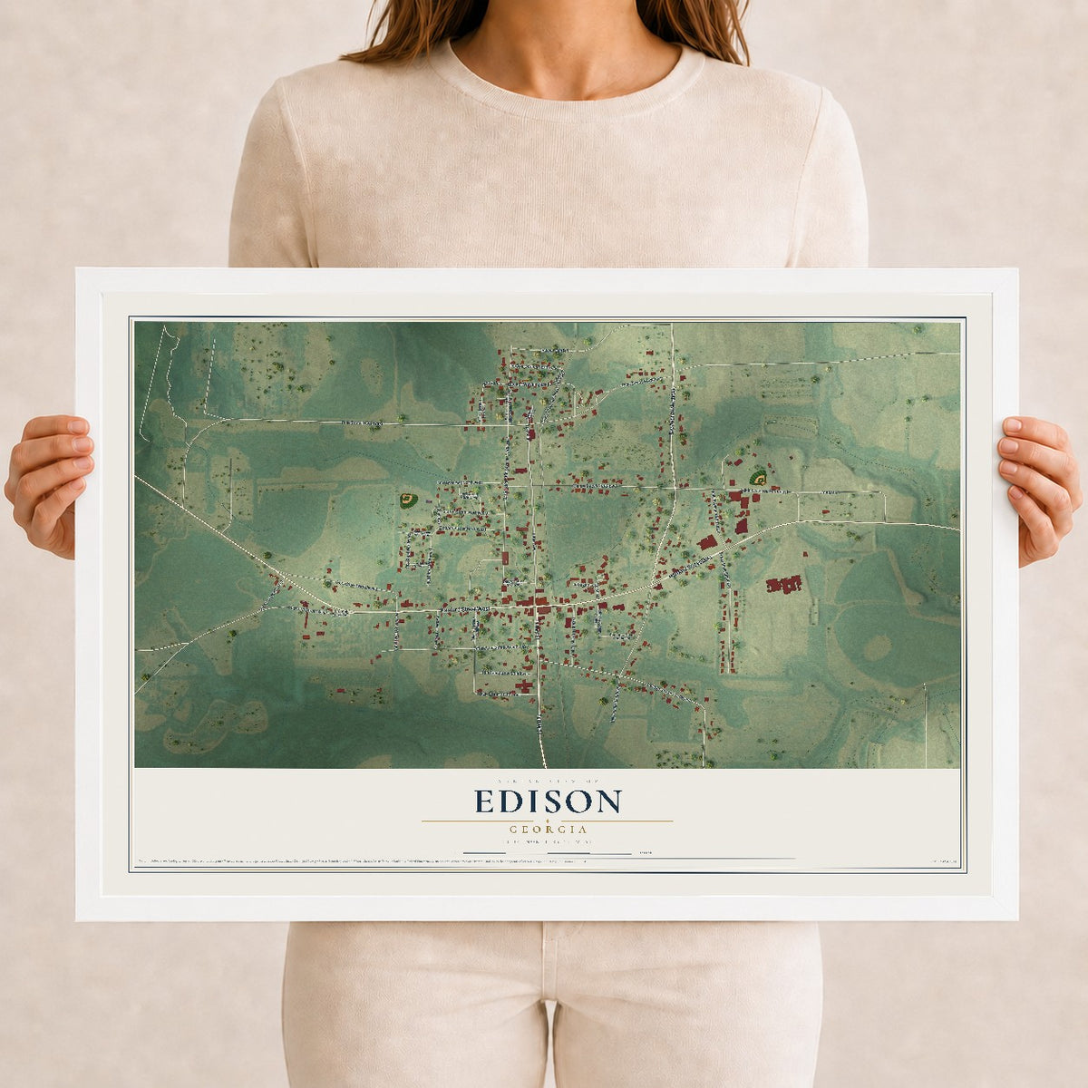 Edison, Georgia map print, 12" x 18" W/ White Ayous Wood Frame mockup