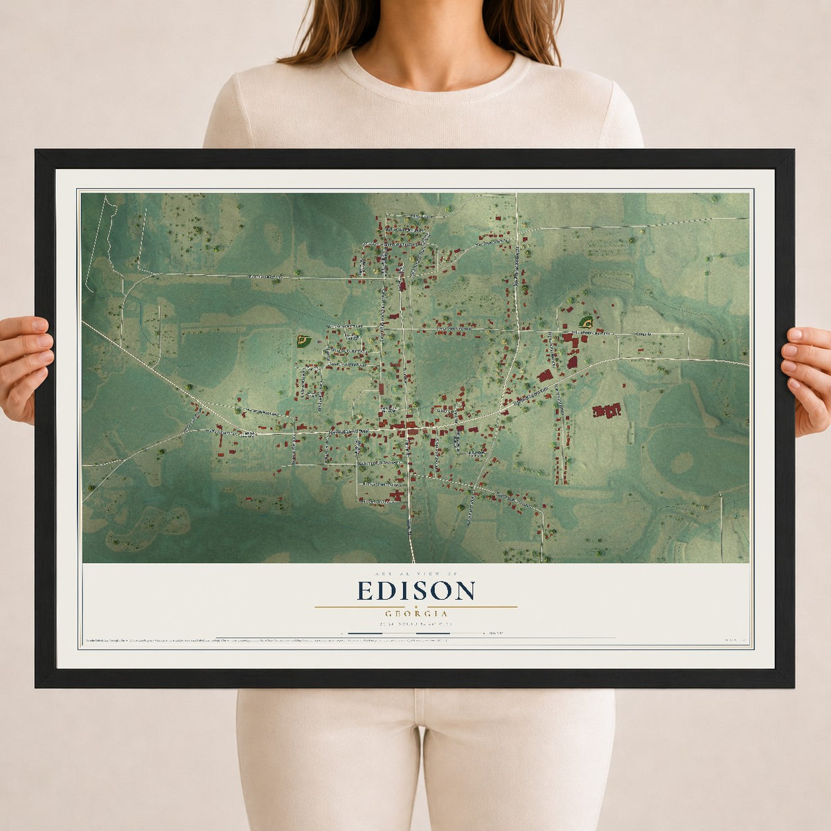 Edison, Georgia map print, 18" x 24" W/ Black Ayous Wood Frame mockup