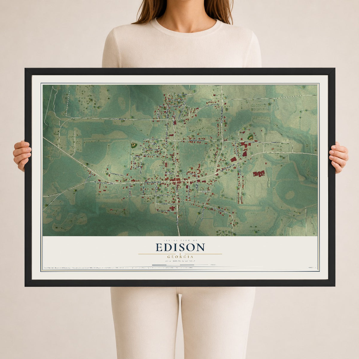 Edison, Georgia map print, 24" x 36" W/ Black Ayous Wood Frame mockup