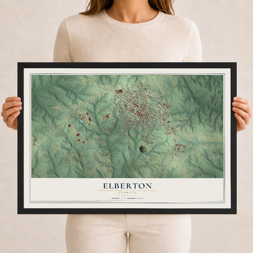 Map of Elberton, Georgia, 12 x 18 inch print in a black wood frame