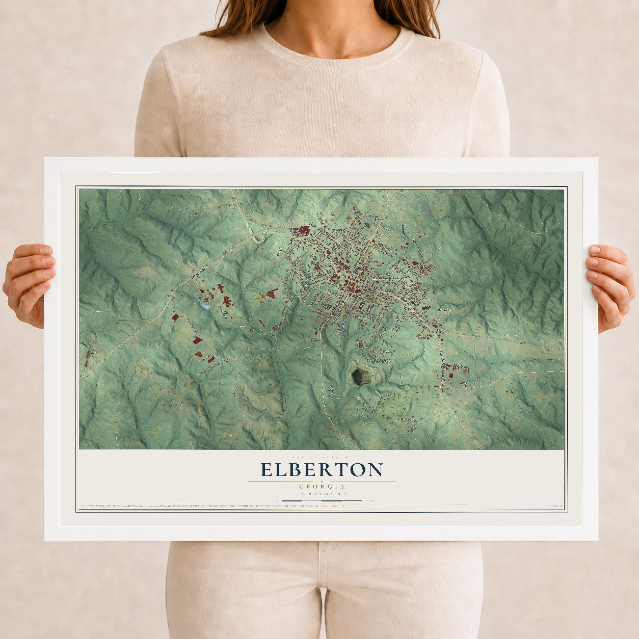 Elberton, Georgia map print, 12" x 18" W/ White Ayous Wood Frame mockup
