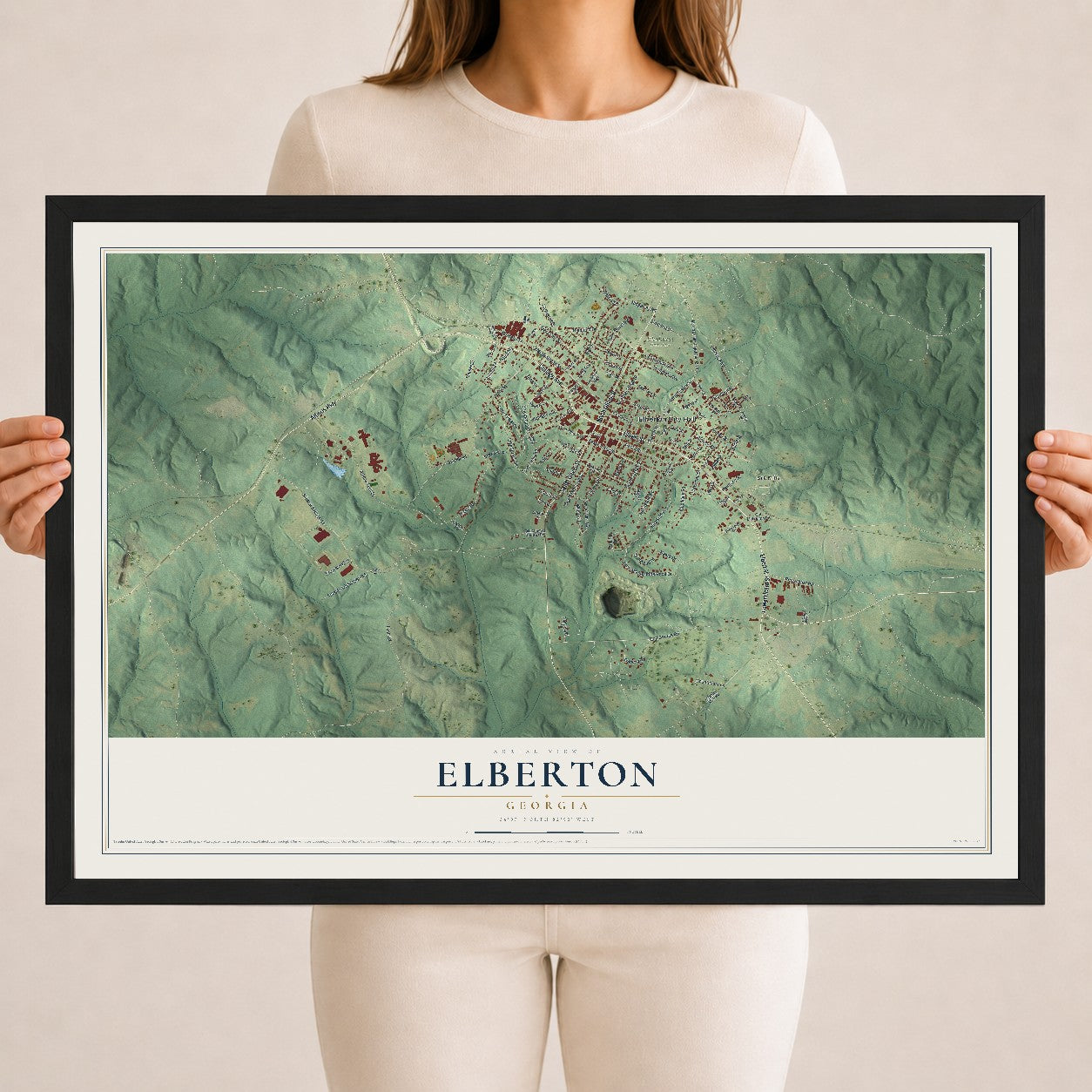 Elberton, Georgia map print, 18" x 24" W/ Black Ayous Wood Frame mockup