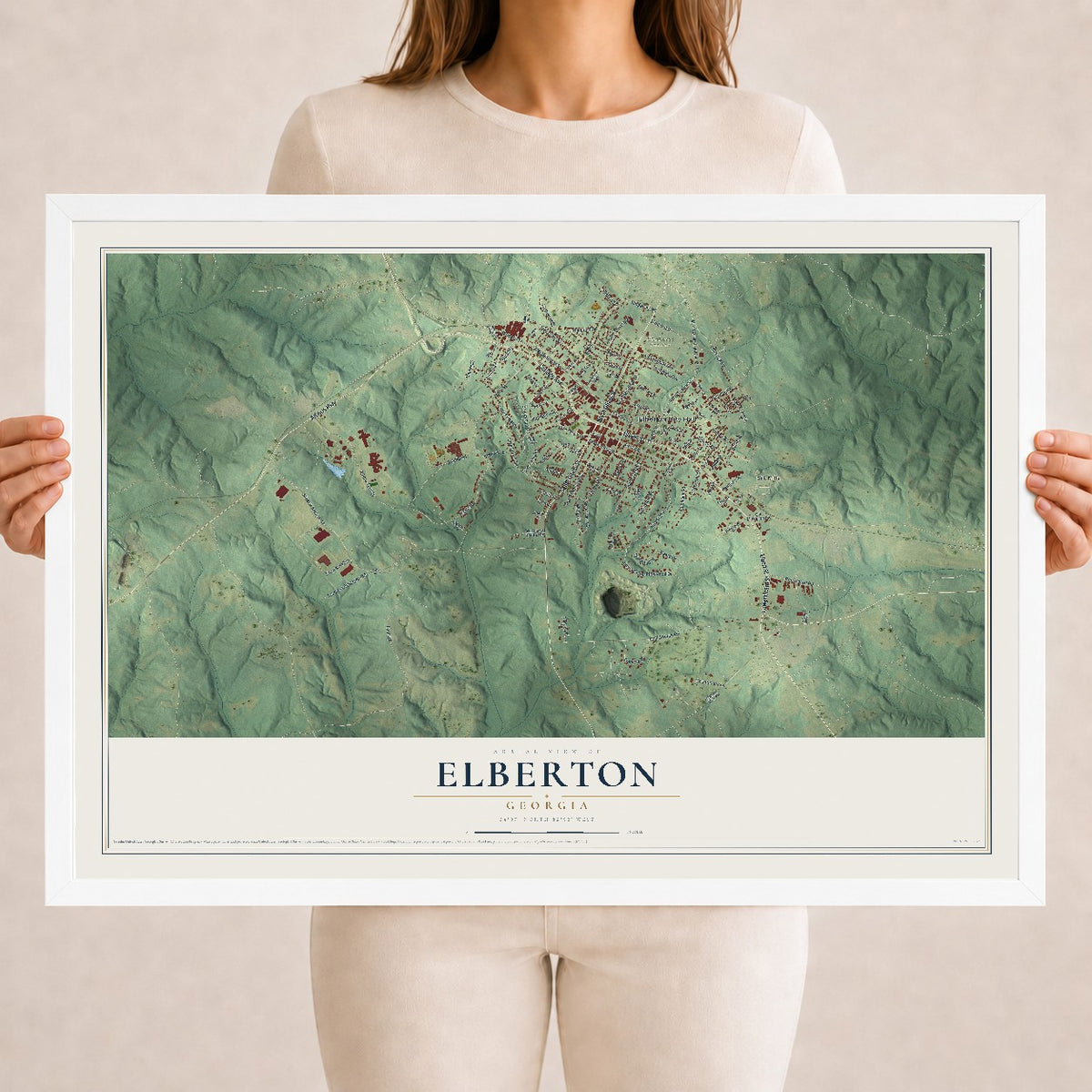 Elberton, Georgia map print, 18" x 24" W/ White Ayous Wood Frame mockup