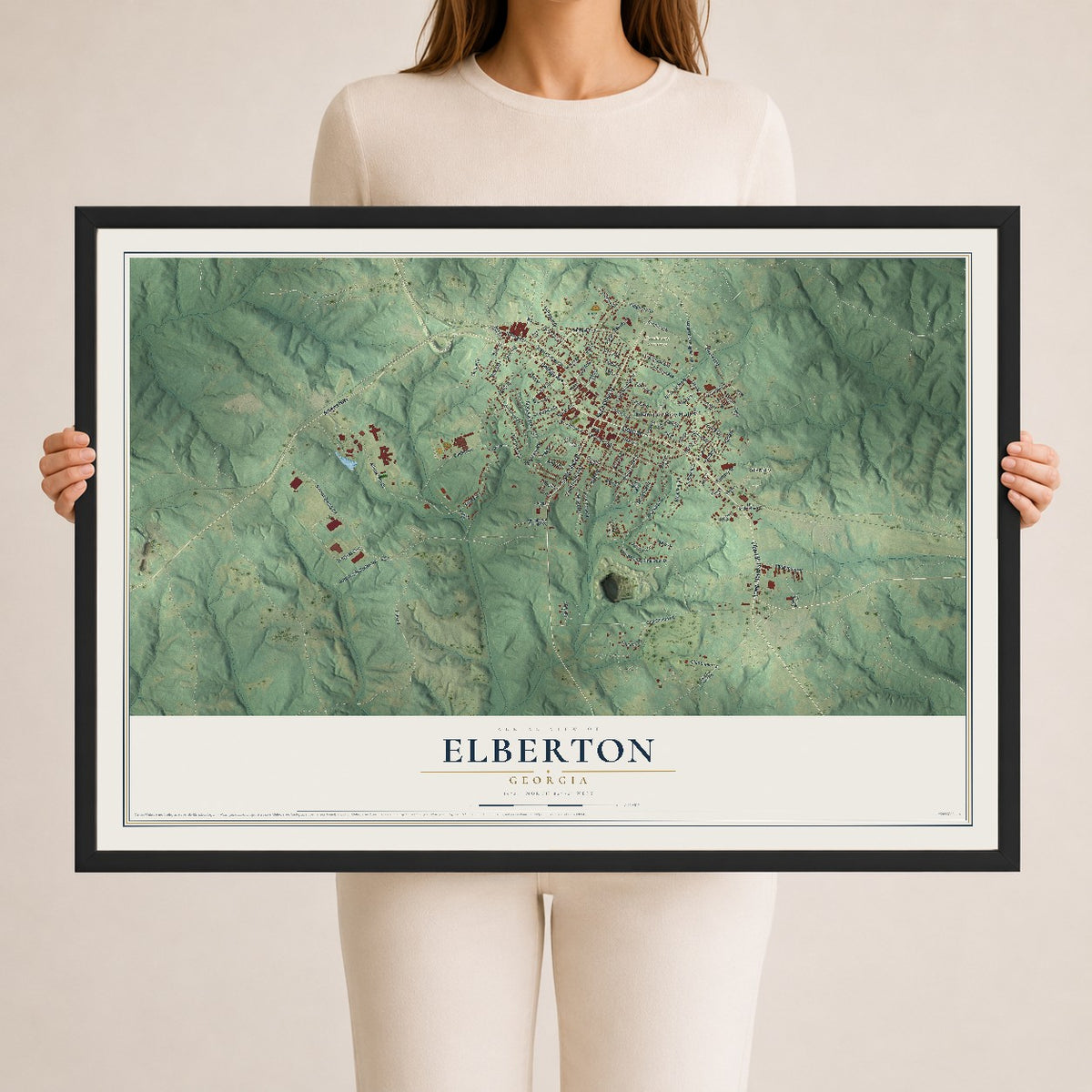 Elberton, Georgia map print, 24" x 36" W/ Black Ayous Wood Frame mockup