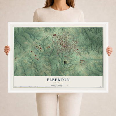 Elberton, Georgia map print, 24" x 36" W/ White Ayous Wood Frame mockup