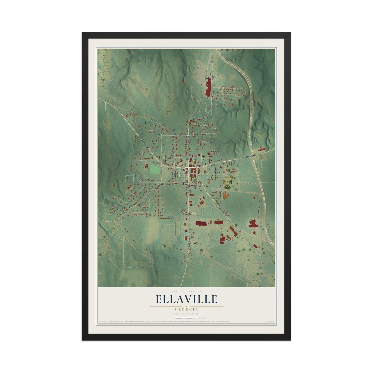 Ellaville, Georgia map print, 12" x 18" W/ Black Ayous Wood Frame mockup