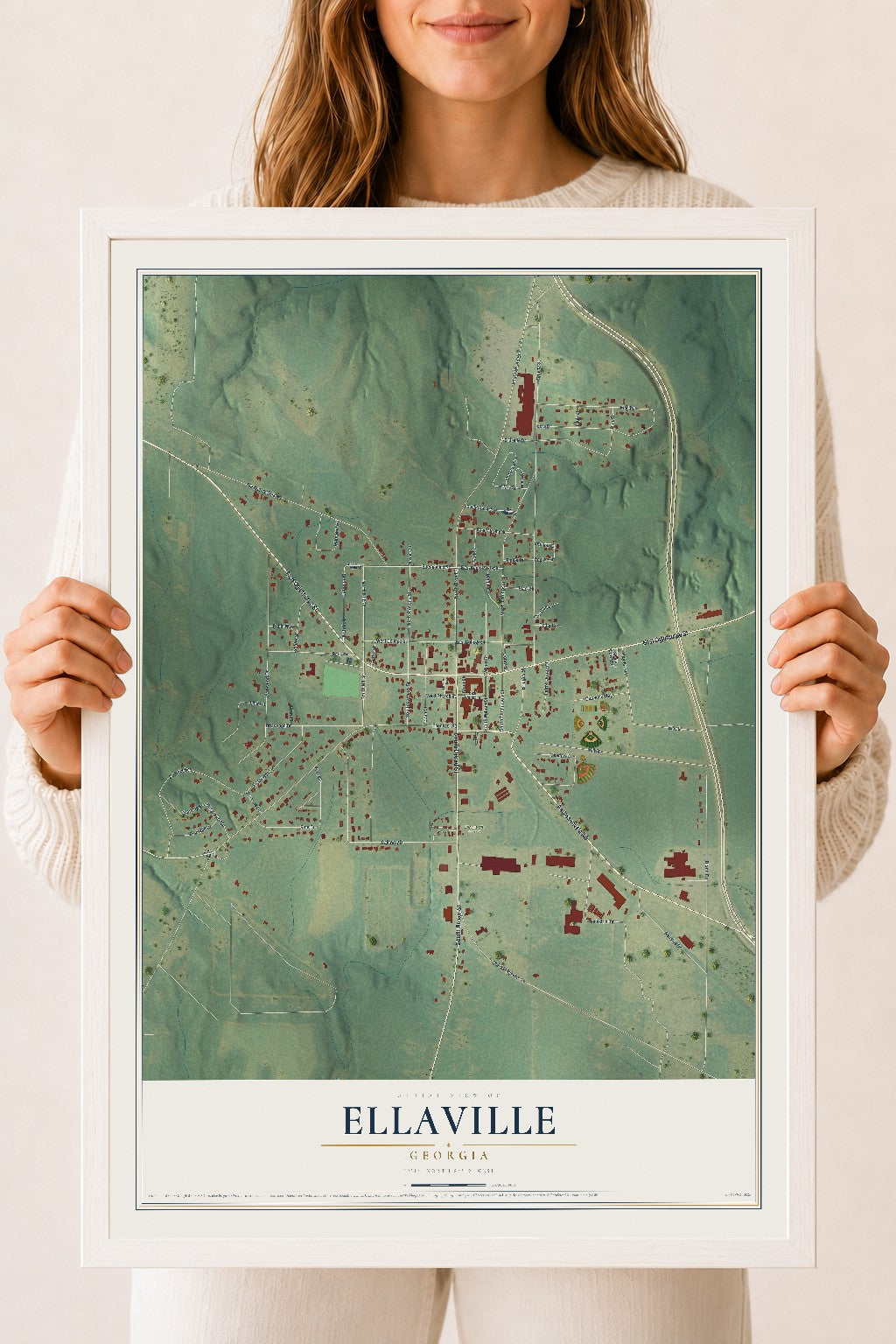 Ellaville, Georgia map print, 18" x 24" W/ White Ayous Wood Frame mockup