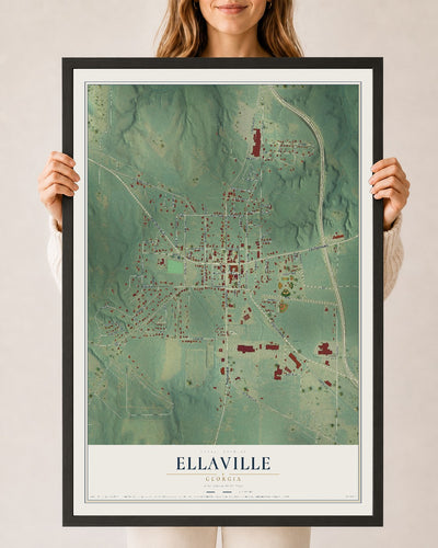 Ellaville, Georgia map print, 24" x 36" W/ Black Ayous Wood Frame mockup