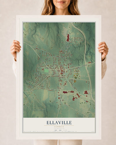 Ellaville, Georgia map print, 24" x 36" W/ White Ayous Wood Frame mockup