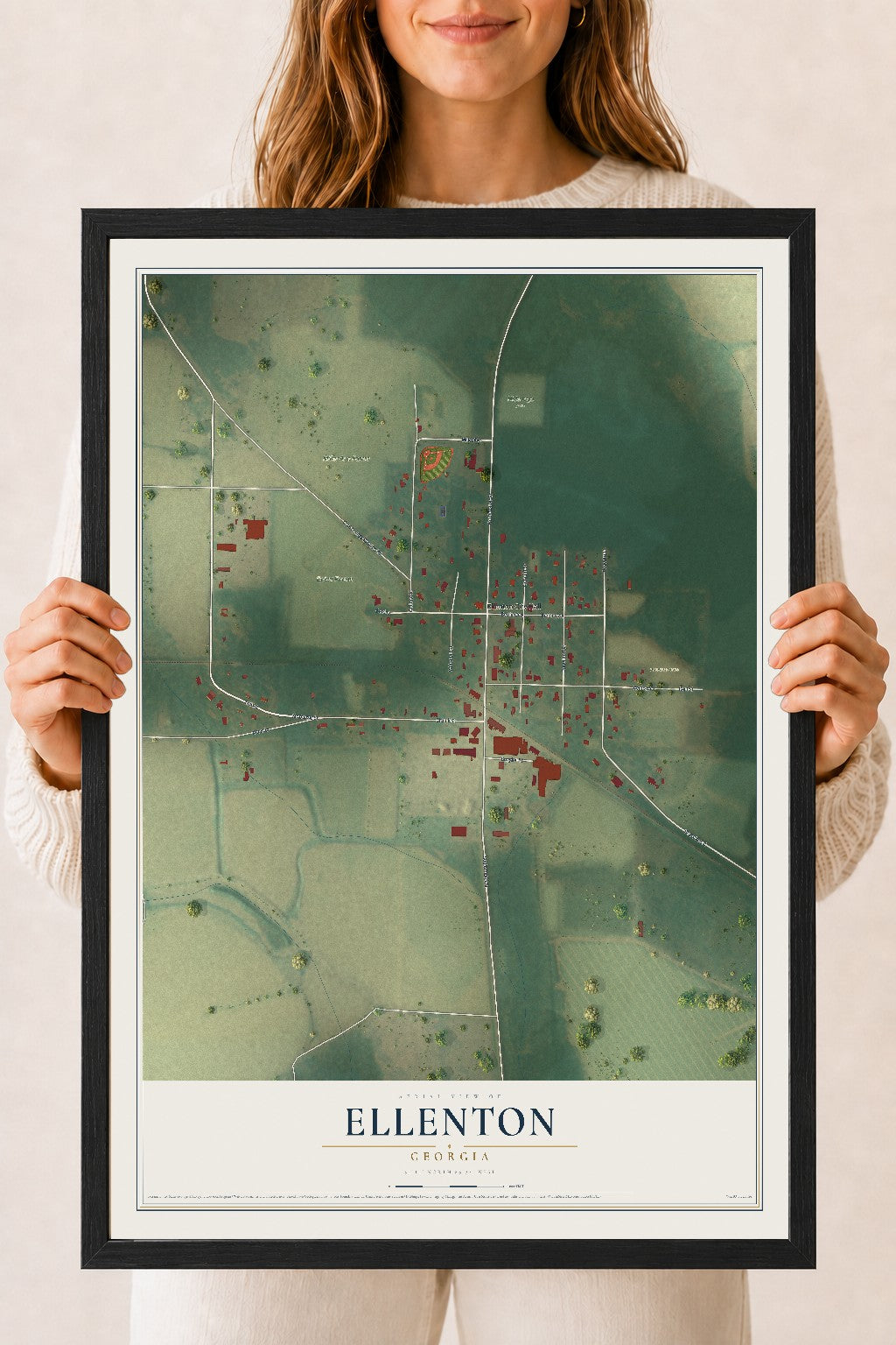 Ellenton, Georgia map print, 18" x 24" W/ Black Ayous Wood Frame mockup