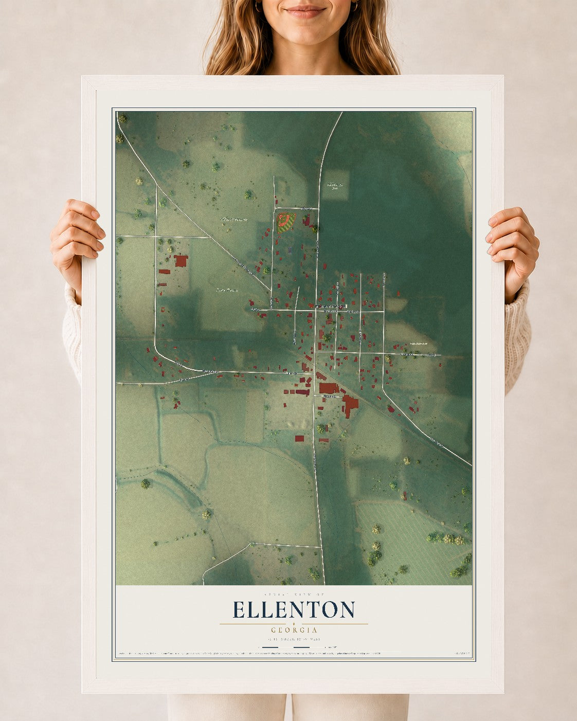 Ellenton, Georgia map print, 24" x 36" W/ White Ayous Wood Frame mockup
