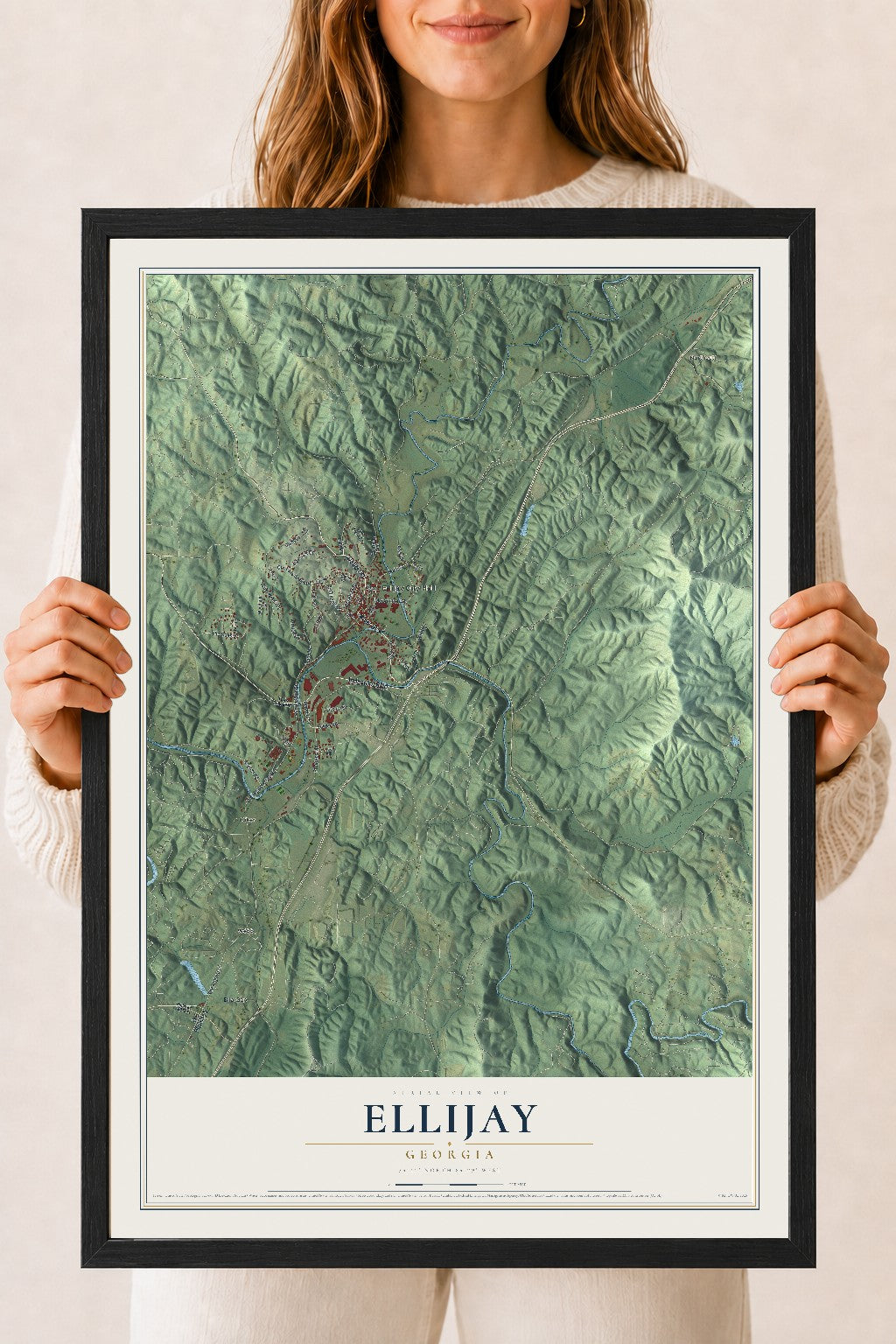 Ellijay, Georgia map print, 18" x 24" W/ Black Ayous Wood Frame mockup