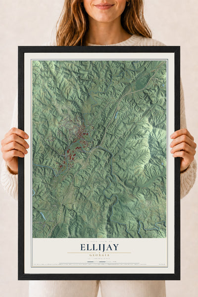 Ellijay, Georgia map print, 18" x 24" W/ Black Ayous Wood Frame mockup