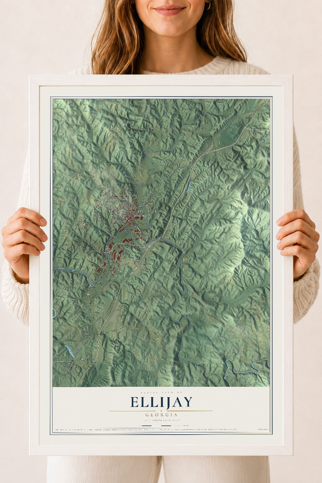Ellijay, Georgia map print, 18" x 24" W/ White Ayous Wood Frame mockup