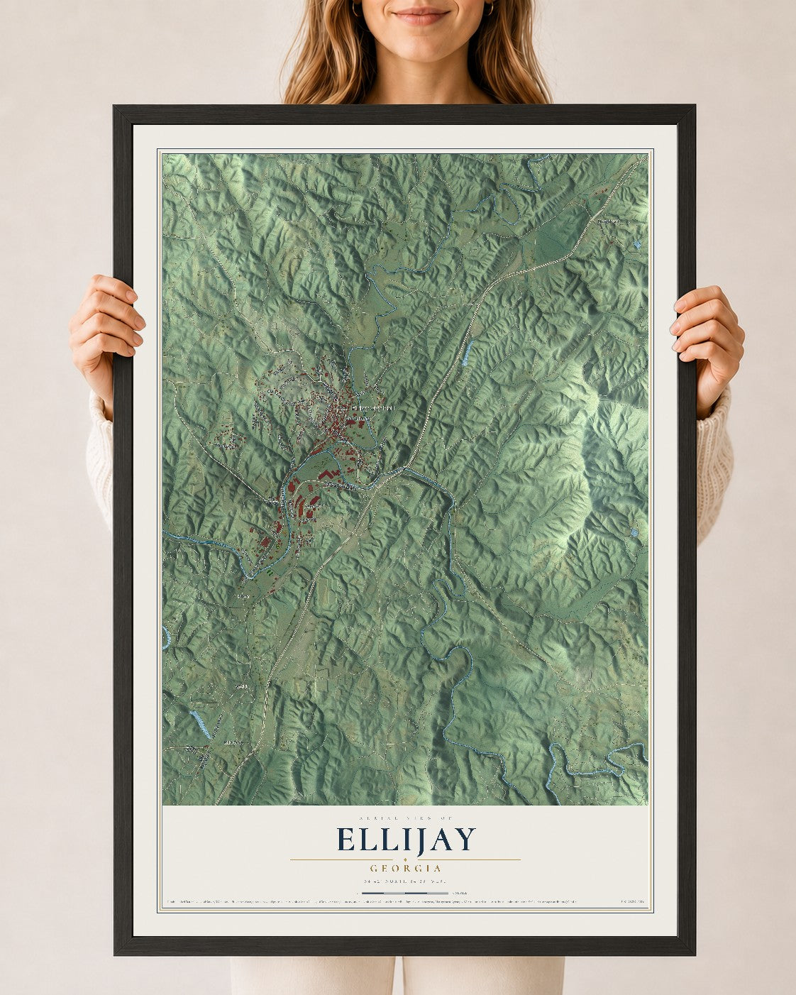 Ellijay, Georgia map print, 24" x 36" W/ Black Ayous Wood Frame mockup