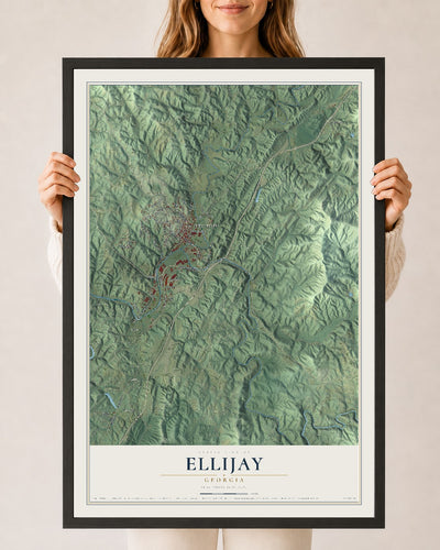 Ellijay, Georgia map print, 24" x 36" W/ Black Ayous Wood Frame mockup