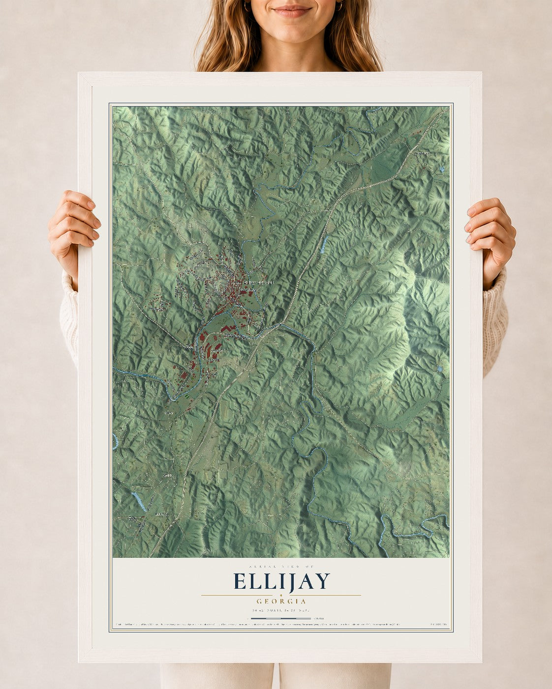Ellijay, Georgia map print, 24" x 36" W/ White Ayous Wood Frame mockup
