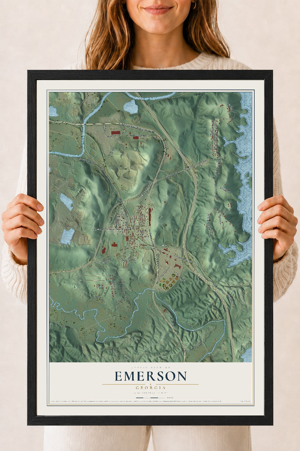 Emerson, Georgia map print, 18" x 24" W/ Black Ayous Wood Frame mockup