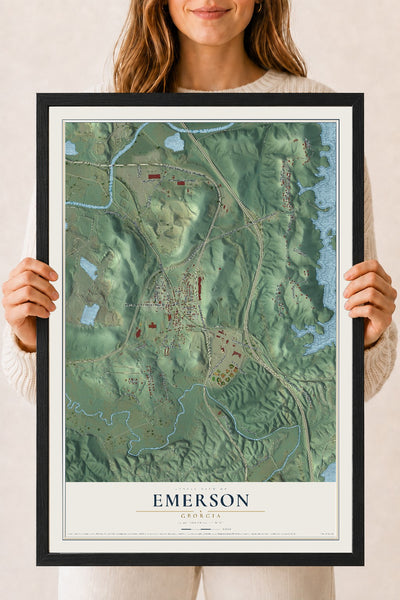 Emerson, Georgia map print, 18" x 24" W/ Black Ayous Wood Frame mockup